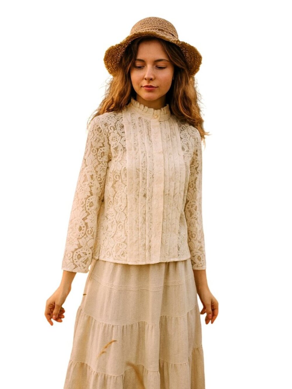 VTG Miss H Sheer Lace Victorian Peasant Blouse Women 14 Ivory Pleated Union Tag